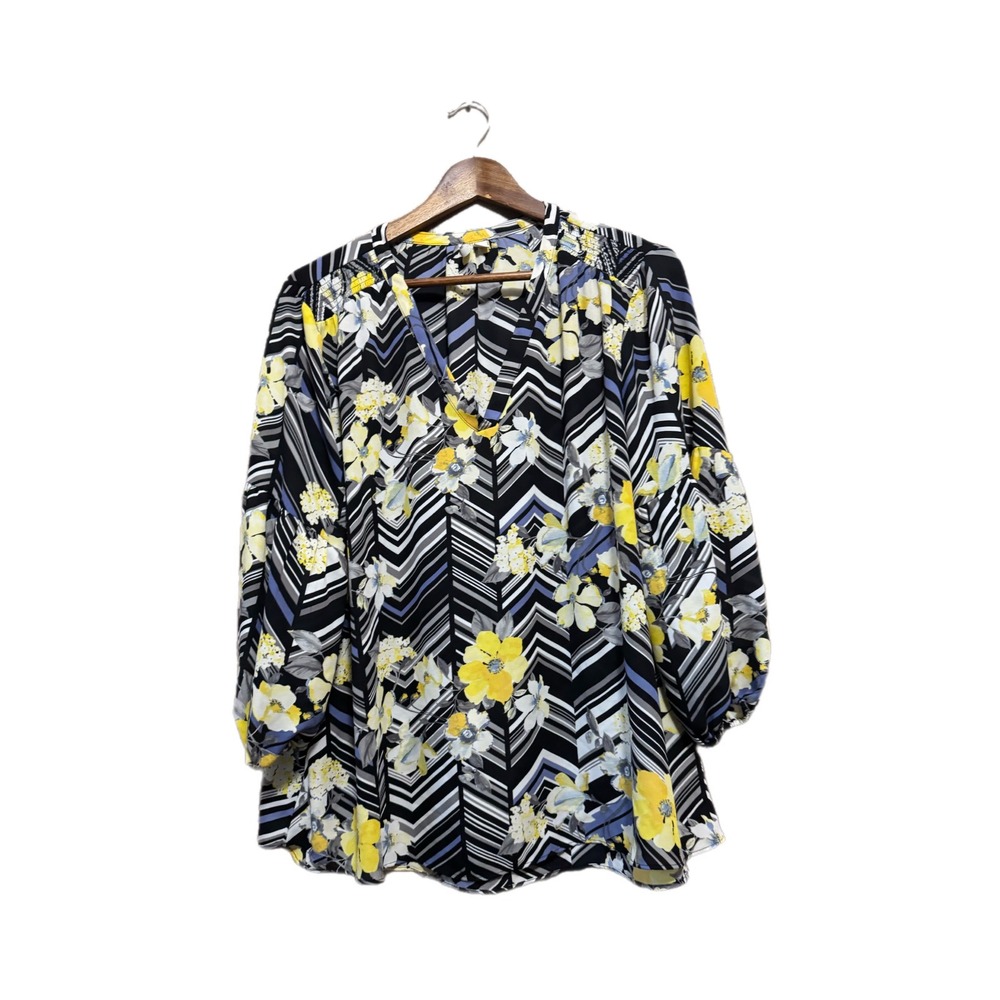 EST. 1946 Floral Chevron Blouse Womens XL Black Yellow V-Neck Puff Sleeve Top